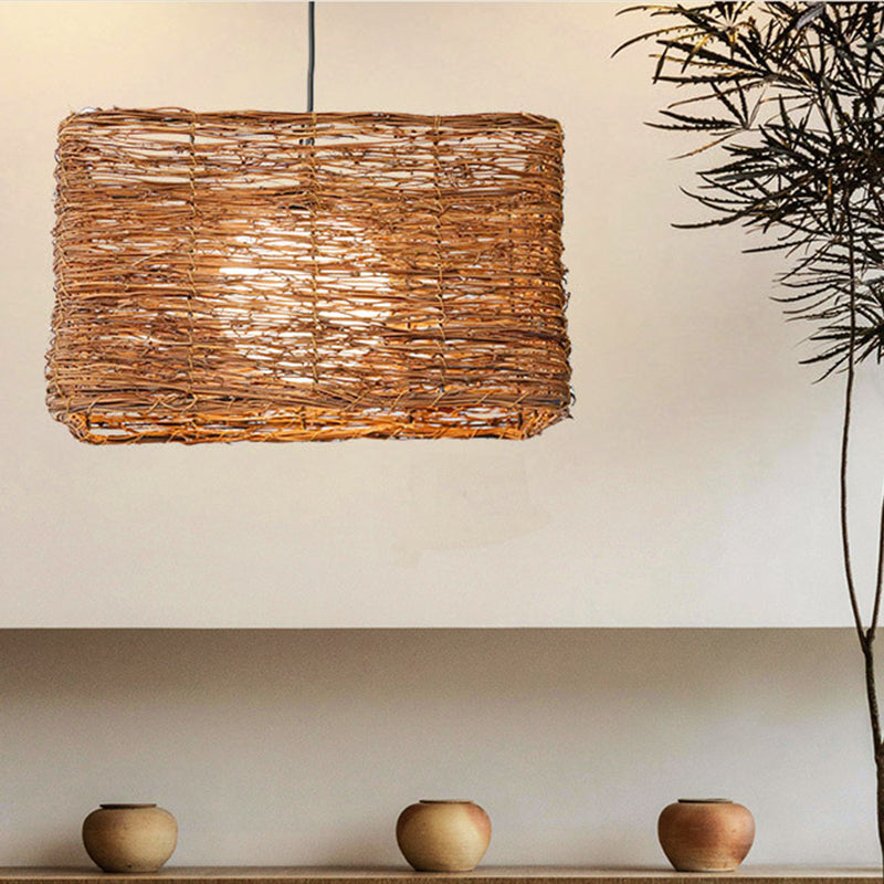 Asia Rectangle Rattan Pendant Lighting Fixture 1 Light Hanging Light Kit in Brown for Dining Room Brown Clearhalo 'Ceiling Lights' 'Modern Pendants' 'Modern' 'Pendant Lights' 'Pendants' Lighting' 298044