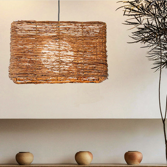 Asia Rectangle Rattan Pendant Lighting Fixture 1 Light Hanging Light Kit in Brown for Dining Room Brown Clearhalo 'Ceiling Lights' 'Modern Pendants' 'Modern' 'Pendant Lights' 'Pendants' Lighting' 298044