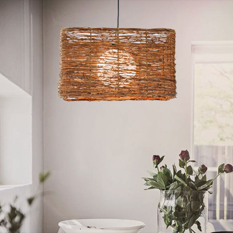 Asia Rectangle Rattan Pendant Lighting Fixture 1 Light Hanging Light Kit in Brown for Dining Room Clearhalo 'Ceiling Lights' 'Modern Pendants' 'Modern' 'Pendant Lights' 'Pendants' Lighting' 298045