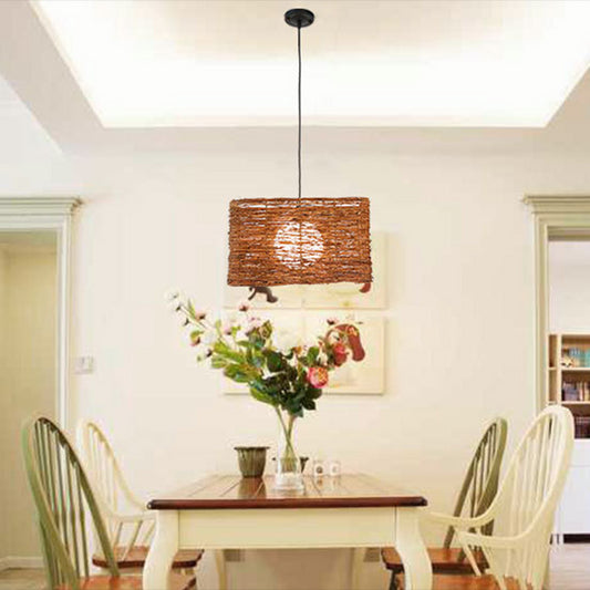 Asia Rectangle Rattan Pendant Lighting Fixture 1 Light Hanging Light Kit in Brown for Dining Room Clearhalo 'Ceiling Lights' 'Modern Pendants' 'Modern' 'Pendant Lights' 'Pendants' Lighting' 298046