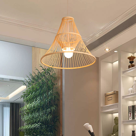 Tapered Bamboo Hanging Light Fixture Asia 1 Light Beige Suspension Pendant Light for Bedroom Beige Clearhalo 'Ceiling Lights' 'Modern Pendants' 'Modern' 'Pendant Lights' 'Pendants' Lighting' 298069