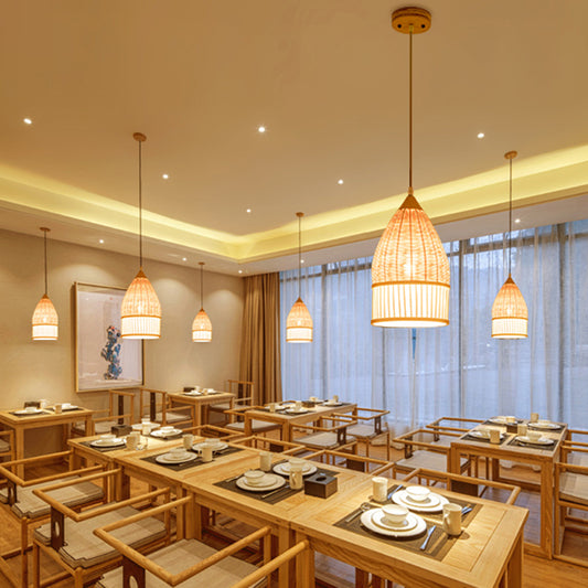 1 Light Dining Room Pendant Lamp Asia Beige Ceiling Light with Elongated Bamboo Shade Beige Clearhalo 'Ceiling Lights' 'Modern Pendants' 'Modern' 'Pendant Lights' 'Pendants' Lighting' 298077