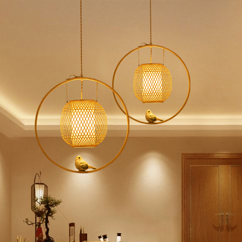 Modern Globe Bamboo Ceiling Light 1 Light Hanging Lamp Kit in Beige with Bird Deco Clearhalo 'Ceiling Lights' 'Modern Pendants' 'Modern' 'Pendant Lights' 'Pendants' Lighting' 298087