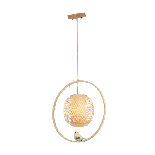 Modern Globe Bamboo Ceiling Light 1 Light Hanging Lamp Kit in Beige with Bird Deco Clearhalo 'Ceiling Lights' 'Modern Pendants' 'Modern' 'Pendant Lights' 'Pendants' Lighting' 298088