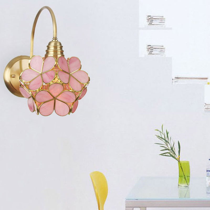 Floral-Like Wall Lighting Minimalist Metal 1 Light Living Room Sconce Light Fixture with White/Pink/Blue Glass Shade Pink Clearhalo 'Cast Iron' 'Glass' 'Industrial' 'Modern wall lights' 'Modern' 'Tiffany' 'Traditional wall lights' 'Wall Lamps & Sconces' 'Wall Lights' Lighting' 298098