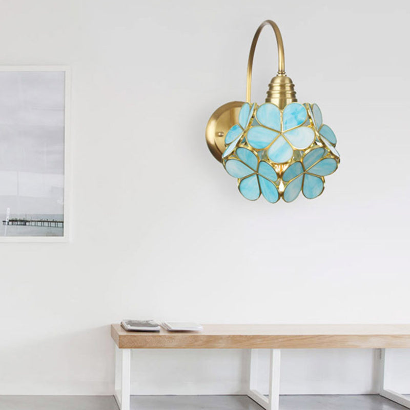 Floral-Like Wall Lighting Minimalist Metal 1 Light Living Room Sconce Light Fixture with White/Pink/Blue Glass Shade Blue Clearhalo 'Cast Iron' 'Glass' 'Industrial' 'Modern wall lights' 'Modern' 'Tiffany' 'Traditional wall lights' 'Wall Lamps & Sconces' 'Wall Lights' Lighting' 298102