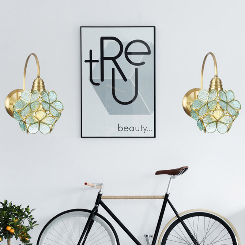 Floral-Like Wall Lighting Minimalist Metal 1 Light Living Room Sconce Light Fixture with White/Pink/Blue Glass Shade Clearhalo 'Cast Iron' 'Glass' 'Industrial' 'Modern wall lights' 'Modern' 'Tiffany' 'Traditional wall lights' 'Wall Lamps & Sconces' 'Wall Lights' Lighting' 298104