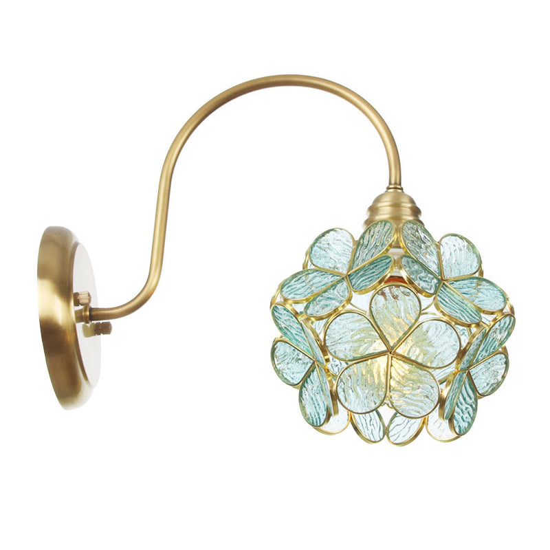 Floral-Like Wall Lighting Minimalist Metal 1 Light Living Room Sconce Light Fixture with White/Pink/Blue Glass Shade Green Clearhalo 'Cast Iron' 'Glass' 'Industrial' 'Modern wall lights' 'Modern' 'Tiffany' 'Traditional wall lights' 'Wall Lamps & Sconces' 'Wall Lights' Lighting' 298105