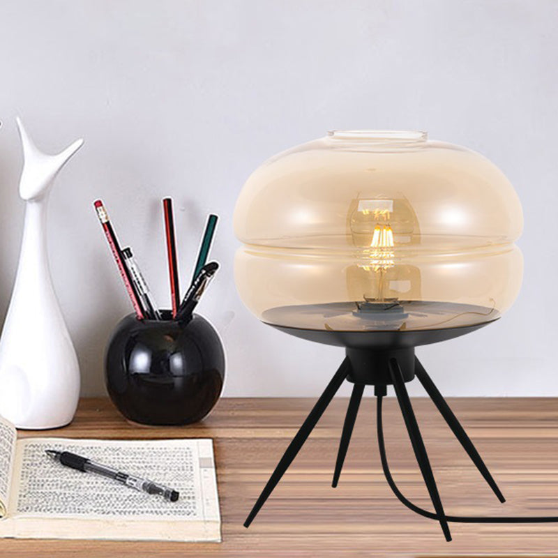 Round Bedside Small Desk Lamp Smoke Gray/Amber/Blue Glass 1 Light Modern Style Reading Book Light in Black with Tripod Clearhalo 'Lamps' 'Table Lamps' Lighting' 298135