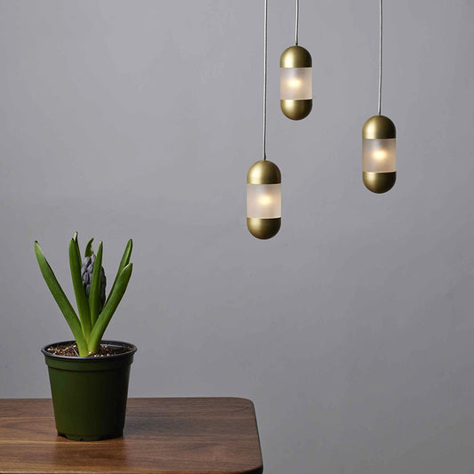 Modern 1 Bulb Pendant Lighting Brass Pill Hanging Ceiling Light with Frosted Glass Shade Brass Clearhalo 'Ceiling Lights' 'Chandeliers' 'Glass shade' 'Glass' 'Modern Pendants' 'Modern' 'Pendant Lights' 'Pendants' Lighting' 298191