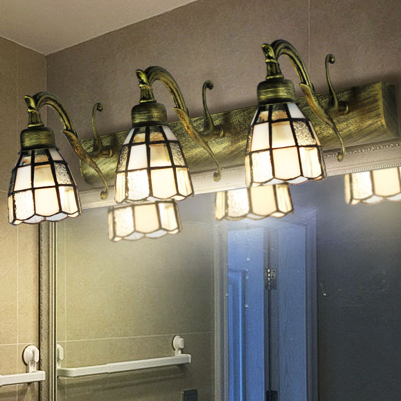 Stained Glass Dome Wall Lighting with Square/Blue Square Pattern and Linear Backplate Vintage Retro 3 Lights Sconce Lighting in Copper/Antique Brass/Brass Clearhalo 'Industrial' 'Middle century wall lights' 'Tiffany wall lights' 'Tiffany' 'Wall Lamps & Sconces' 'Wall Lights' Lighting' 30094