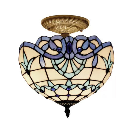 Bedroom Ceiling Light Glass, 2 Lights Domed Semi Flush Mount Light with Jewel Decoration Baroque Style Clearhalo 'Ceiling Lights' 'Close To Ceiling Lights' 'Close to ceiling' 'Glass shade' 'Glass' 'Pendant Lights' 'Semi-flushmount' 'Tiffany close to ceiling' 'Tiffany' Lighting' 3016