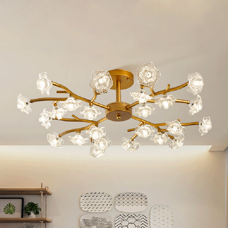 Crystal Flower Ceiling Mount Traditionalist 18/24 Bulbs LED Gold Semi Flush Mount Light Fixture 24 Gold Clearhalo 'Ceiling Lights' 'Close To Ceiling Lights' 'Close to ceiling' 'Semi-flushmount' Lighting' 302819