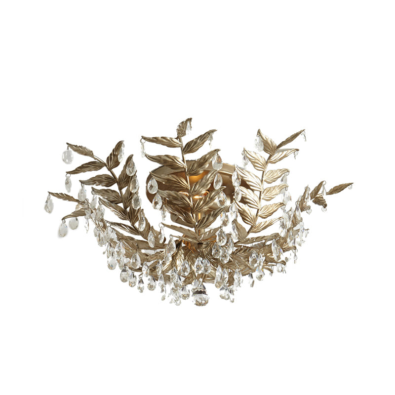 Leaf Crystal Ceiling Mounted Fixture Traditional 10 Bulbs Living Room Semi Flush Mount Ceiling Lamp in Gold Gold Clearhalo 'Ceiling Lights' 'Close To Ceiling Lights' 'Close to ceiling' 'Semi-flushmount' Lighting' 302839