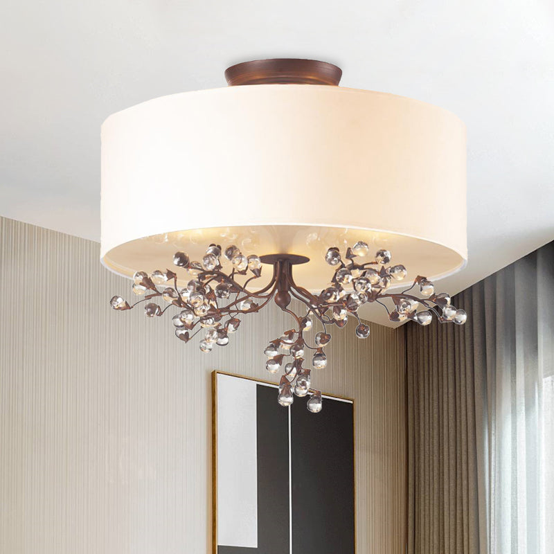 Beige 3/4/5 Heads Semi Flush Light Traditional Clear Crystal Drum Ceiling Fixture for Living Room 4 Beige Clearhalo 'Ceiling Lights' 'Close To Ceiling Lights' 'Close to ceiling' 'Semi-flushmount' Lighting' 302852