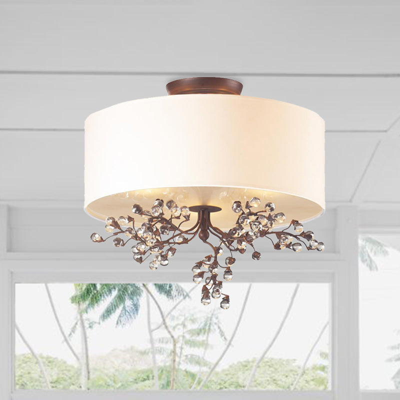 Beige 3/4/5 Heads Semi Flush Light Traditional Clear Crystal Drum Ceiling Fixture for Living Room 3 Beige Clearhalo 'Ceiling Lights' 'Close To Ceiling Lights' 'Close to ceiling' 'Semi-flushmount' Lighting' 302853