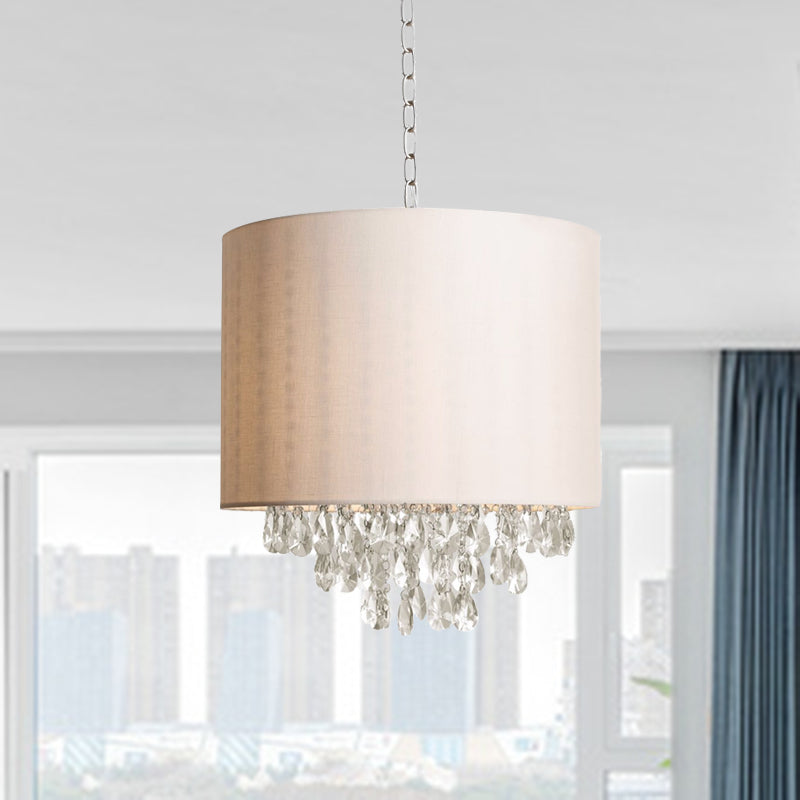 Cylinder Fabric Pendant Chandelier Modernism 3/4 Heads Beige Hanging Light with Clear Crystal Drop 3 Beige Clearhalo 'Ceiling Lights' 'Chandeliers' 'Modern Chandeliers' 'Modern' Lighting' 302860