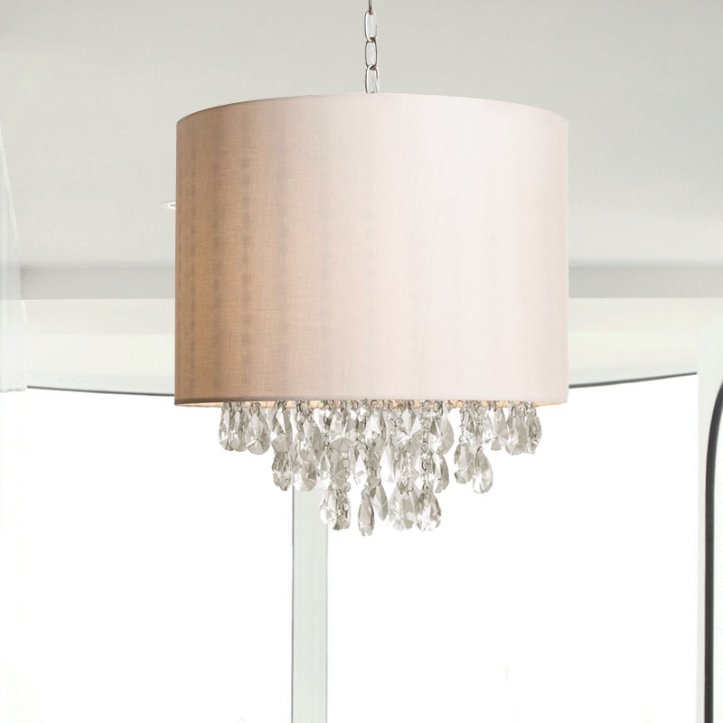 Cylinder Fabric Pendant Chandelier Modernism 3/4 Heads Beige Hanging Light with Clear Crystal Drop Clearhalo 'Ceiling Lights' 'Chandeliers' 'Modern Chandeliers' 'Modern' Lighting' 302861