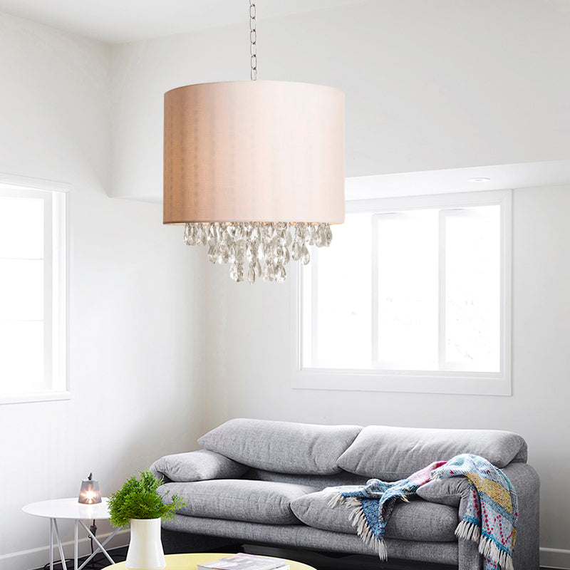 Cylinder Fabric Pendant Chandelier Modernism 3/4 Heads Beige Hanging Light with Clear Crystal Drop Clearhalo 'Ceiling Lights' 'Chandeliers' 'Modern Chandeliers' 'Modern' Lighting' 302862