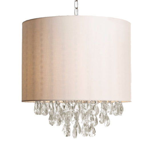 Cylinder Fabric Pendant Chandelier Modernism 3/4 Heads Beige Hanging Light with Clear Crystal Drop Clearhalo 'Ceiling Lights' 'Chandeliers' 'Modern Chandeliers' 'Modern' Lighting' 302863