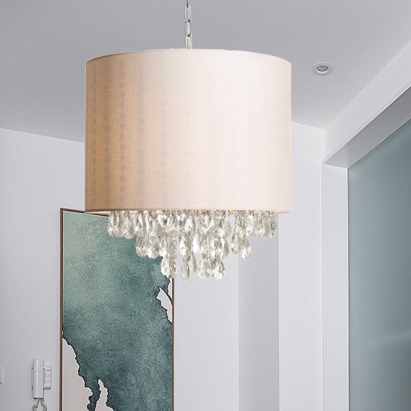 Cylinder Fabric Pendant Chandelier Modernism 3/4 Heads Beige Hanging Light with Clear Crystal Drop 4 Beige Clearhalo 'Ceiling Lights' 'Chandeliers' 'Modern Chandeliers' 'Modern' Lighting' 302864