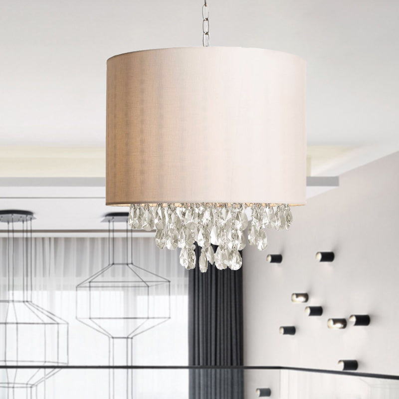 Cylinder Fabric Pendant Chandelier Modernism 3/4 Heads Beige Hanging Light with Clear Crystal Drop Clearhalo 'Ceiling Lights' 'Chandeliers' 'Modern Chandeliers' 'Modern' Lighting' 302865