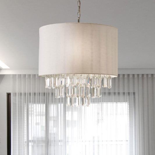 Rectangular-Cut Crystal Drum Hanging Chandelier Modern 3/4 Lights Beige Ceiling Lamp with Fabric Shade 3 Beige Clearhalo 'Ceiling Lights' 'Chandeliers' 'Modern Chandeliers' 'Modern' Lighting' 302867