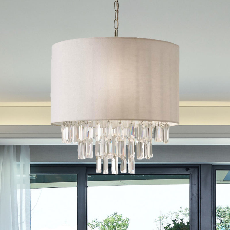 Rectangular-Cut Crystal Drum Hanging Chandelier Modern 3/4 Lights Beige Ceiling Lamp with Fabric Shade Clearhalo 'Ceiling Lights' 'Chandeliers' 'Modern Chandeliers' 'Modern' Lighting' 302868