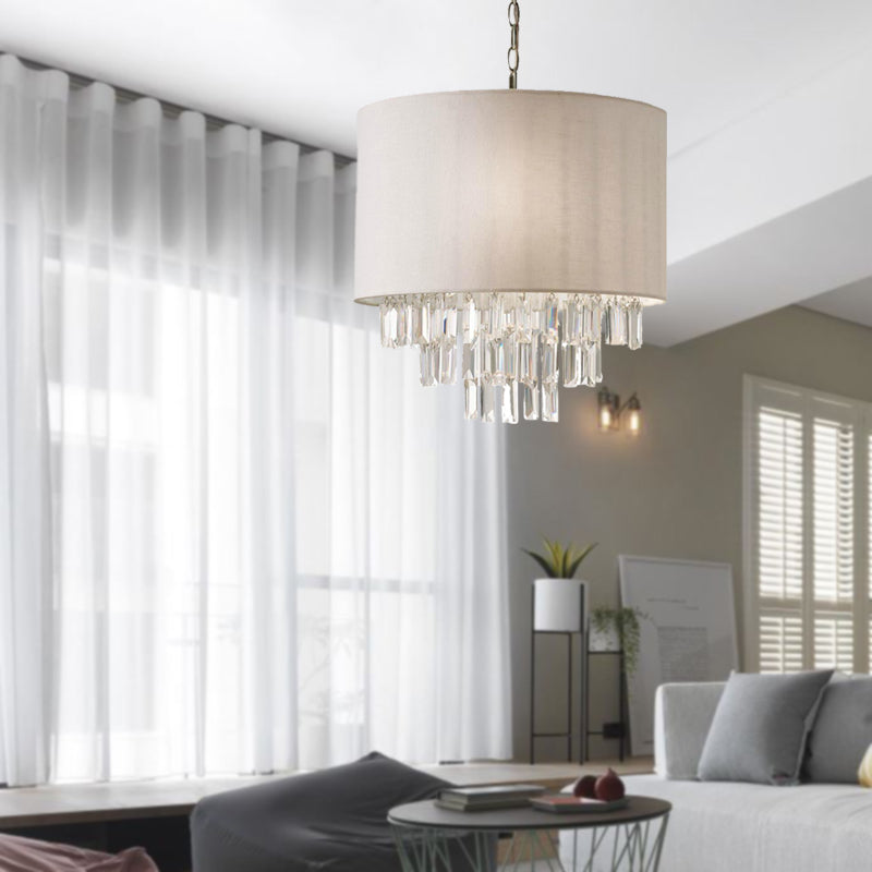 Rectangular-Cut Crystal Drum Hanging Chandelier Modern 3/4 Lights Beige Ceiling Lamp with Fabric Shade Clearhalo 'Ceiling Lights' 'Chandeliers' 'Modern Chandeliers' 'Modern' Lighting' 302869