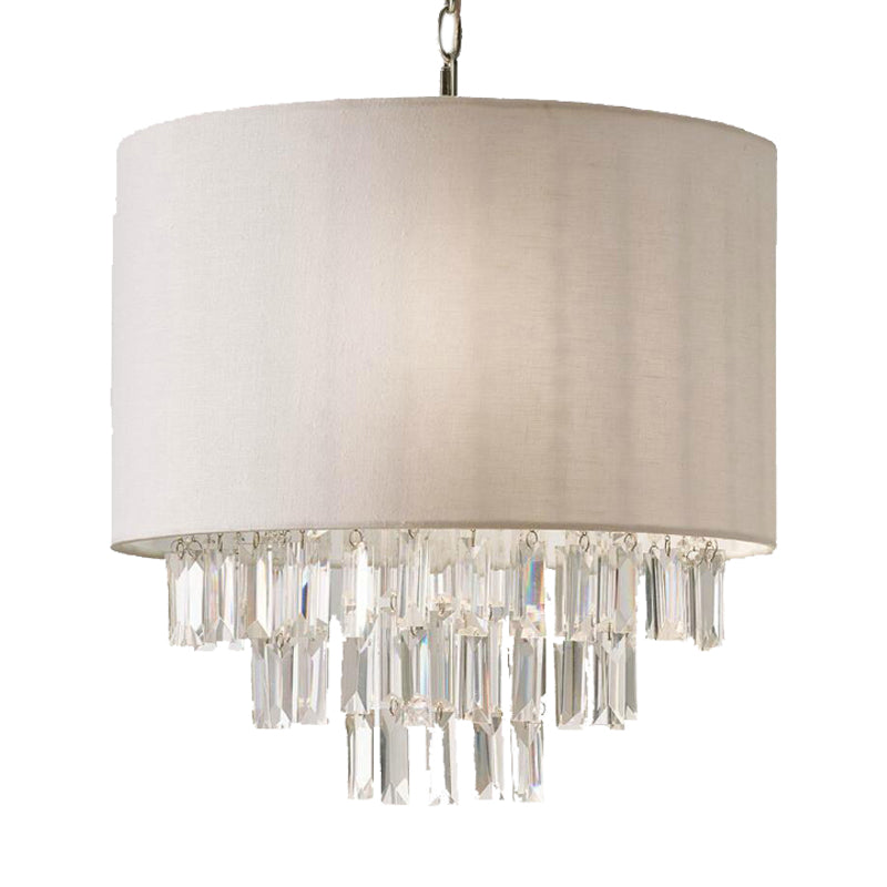 Rectangular-Cut Crystal Drum Hanging Chandelier Modern 3/4 Lights Beige Ceiling Lamp with Fabric Shade Clearhalo 'Ceiling Lights' 'Chandeliers' 'Modern Chandeliers' 'Modern' Lighting' 302870