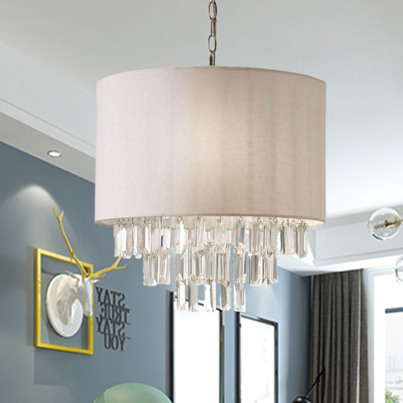 Rectangular-Cut Crystal Drum Hanging Chandelier Modern 3/4 Lights Beige Ceiling Lamp with Fabric Shade 4 Beige Clearhalo 'Ceiling Lights' 'Chandeliers' 'Modern Chandeliers' 'Modern' Lighting' 302871