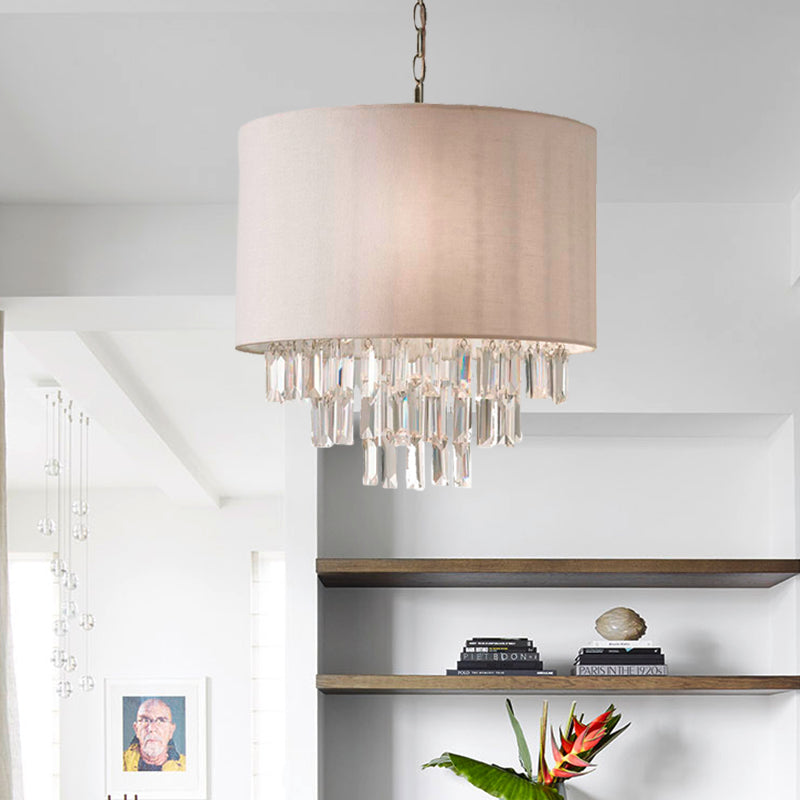 Rectangular-Cut Crystal Drum Hanging Chandelier Modern 3/4 Lights Beige Ceiling Lamp with Fabric Shade Clearhalo 'Ceiling Lights' 'Chandeliers' 'Modern Chandeliers' 'Modern' Lighting' 302872