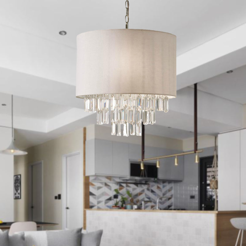 Rectangular-Cut Crystal Drum Hanging Chandelier Modern 3/4 Lights Beige Ceiling Lamp with Fabric Shade Clearhalo 'Ceiling Lights' 'Chandeliers' 'Modern Chandeliers' 'Modern' Lighting' 302873