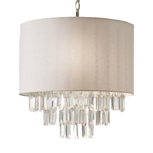 Rectangular-Cut Crystal Drum Hanging Chandelier Modern 3/4 Lights Beige Ceiling Lamp with Fabric Shade Clearhalo 'Ceiling Lights' 'Chandeliers' 'Modern Chandeliers' 'Modern' Lighting' 302874