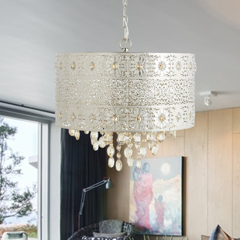 Mid-Century Drum Ceiling Chandelier Clear K9 Crystal 4 Bulbs Dining Table Pendant Lamp in Silver Clearhalo 'Ceiling Lights' 'Chandeliers' Lighting' options 302880