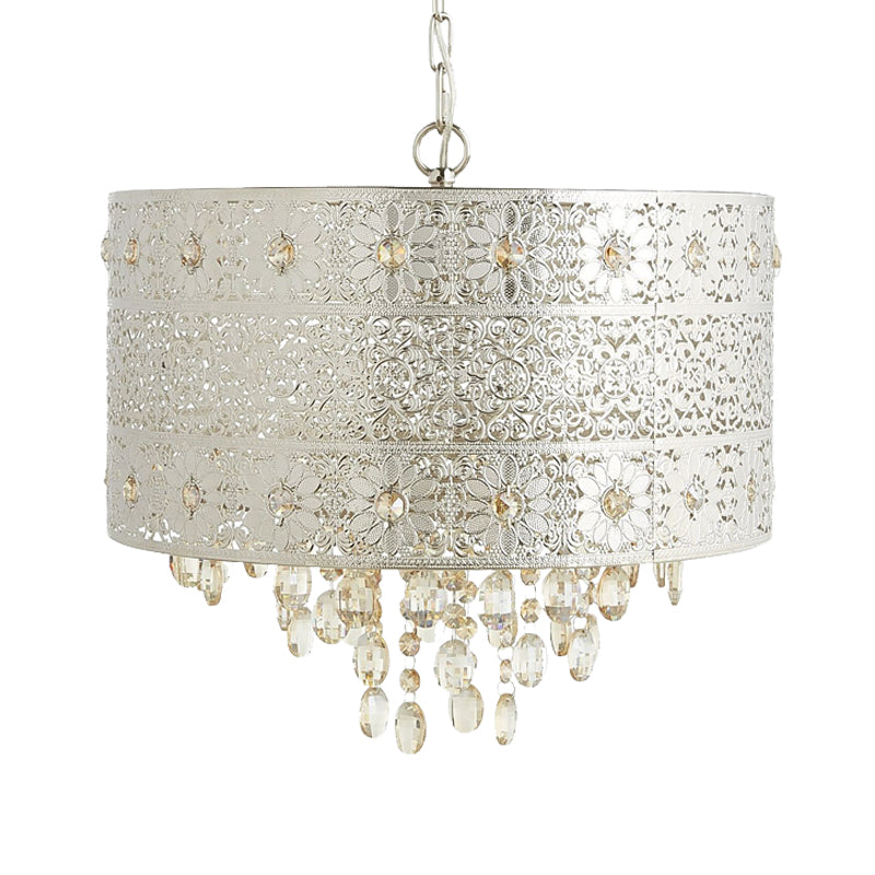 Mid-Century Drum Ceiling Chandelier Clear K9 Crystal 4 Bulbs Dining Table Pendant Lamp in Silver Clearhalo 'Ceiling Lights' 'Chandeliers' Lighting' options 302882