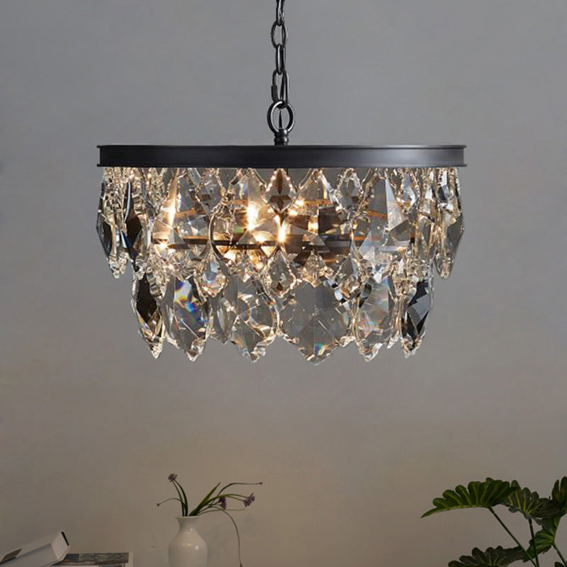 4 Bulbs Circular Pendant Lamp Retro Black/Gold Beveled Glass Crystal Chandelier Light Fixture for Restaurant Black Clearhalo 'Ceiling Lights' 'Chandeliers' Lighting' options 302904_03348845-ba70-46e3-9df9-c885746e707f