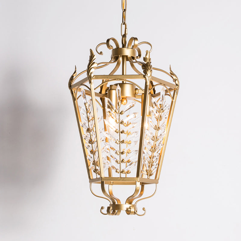 Gold 3 Heads Chandelier Light Traditionalism Metal Lantern Suspended Lighting Fixture with Crystal Accent Clearhalo 'Ceiling Lights' 'Chandeliers' Lighting' options 302913