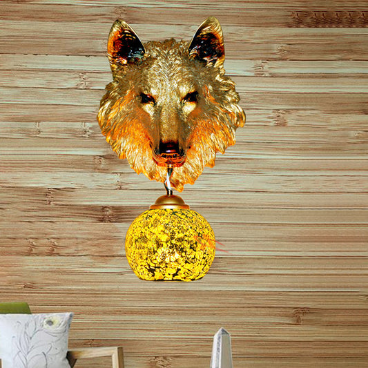 Silver/Gold 1 Light Wall Mount Lamp Tiffany Style Hand Cut Glass Wolf Head Sconce for Living Room Gold Clearhalo 'Industrial' 'Middle century wall lights' 'Tiffany wall lights' 'Tiffany' 'Wall Lamps & Sconces' 'Wall Lights' Lighting' 302930