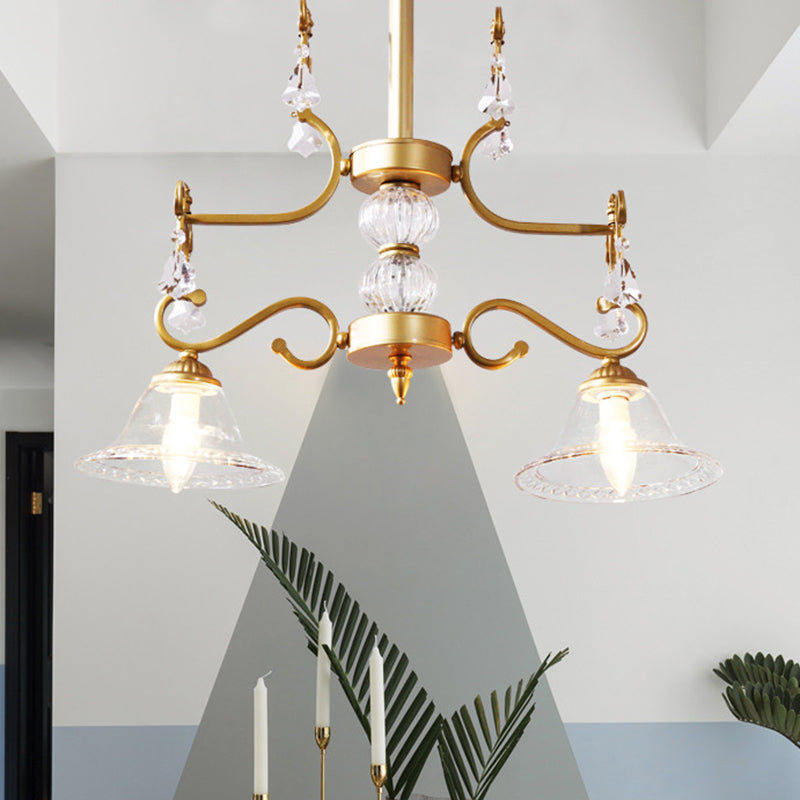 Gold Bell Hanging Chandelier Traditionalist Clear Crystal Glass 2 Lights Dining Room Ceiling Pendant Clearhalo 'Ceiling Lights' 'Chandeliers' Lighting' options 302939