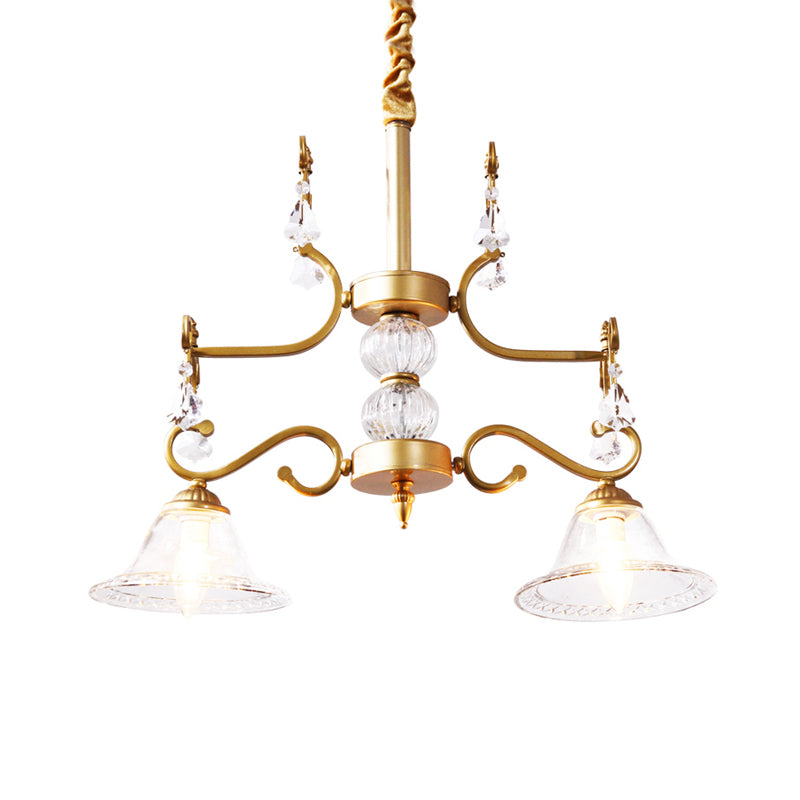Gold Bell Hanging Chandelier Traditionalist Clear Crystal Glass 2 Lights Dining Room Ceiling Pendant Clearhalo 'Ceiling Lights' 'Chandeliers' Lighting' options 302940