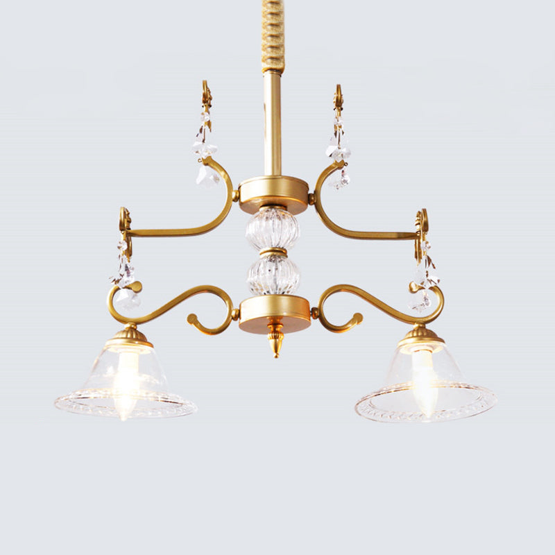 Gold Bell Hanging Chandelier Traditionalist Clear Crystal Glass 2 Lights Dining Room Ceiling Pendant Gold Clearhalo 'Ceiling Lights' 'Chandeliers' Lighting' options 302941_de007342-50e7-4ff8-bf3d-c482b28549ec