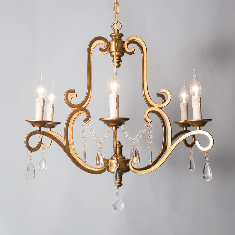 Metal Gold Pendant Chandelier Candle 6 Lights Retro Ceiling Hang Fixture with Crystal Draping Gold Clearhalo 'Ceiling Lights' 'Chandeliers' Lighting' options 302942_5c95237c-8e7b-4647-bba6-6ad66cd5fce5