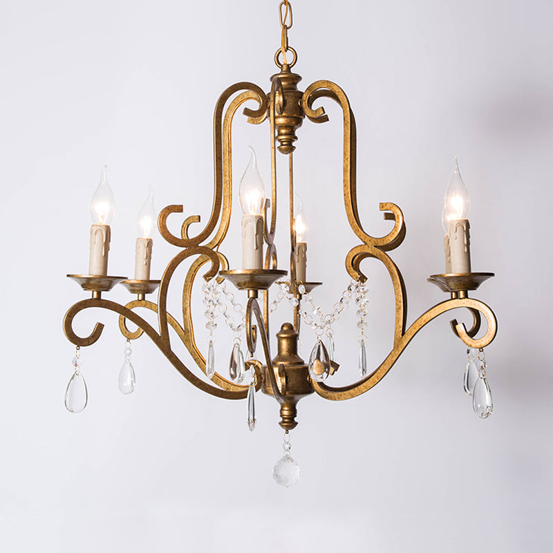 Metal Gold Pendant Chandelier Candle 6 Lights Retro Ceiling Hang Fixture with Crystal Draping Clearhalo 'Ceiling Lights' 'Chandeliers' Lighting' options 302943