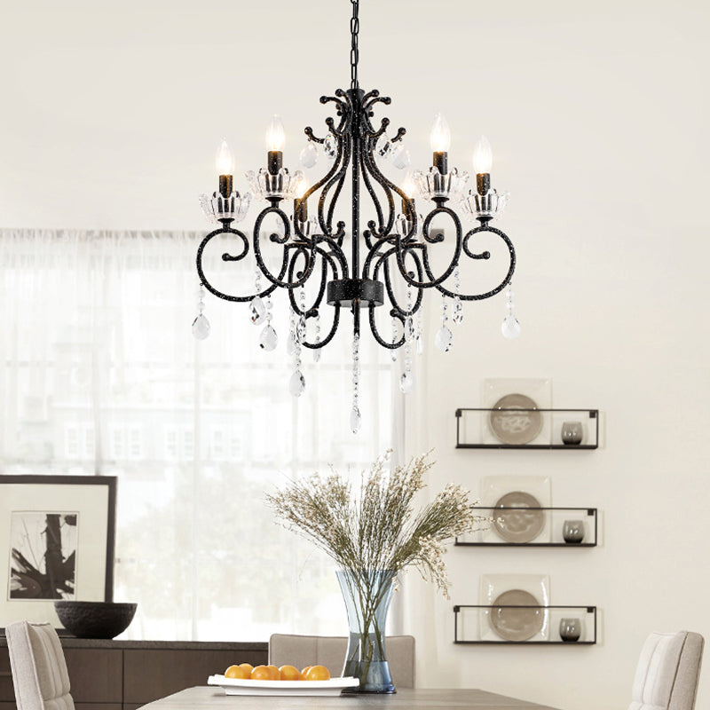 Swirling Arm Dining Room Ceiling Chandelier Traditional Hand-Cut Crystal 3/6 Heads Black Hanging Light Fixture 6 Black Clearhalo 'Ceiling Lights' 'Chandeliers' Lighting' options 302970_226072a1-3abb-4960-af1a-e9a8c2fc4120