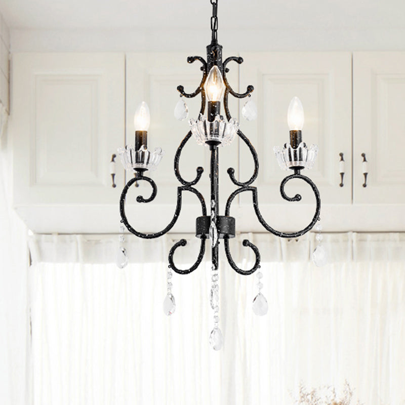 Swirling Arm Dining Room Ceiling Chandelier Traditional Hand-Cut Crystal 3/6 Heads Black Hanging Light Fixture 3 Black Clearhalo 'Ceiling Lights' 'Chandeliers' Lighting' options 302972_57bae28a-e74d-4a51-8deb-3f2c190b1450