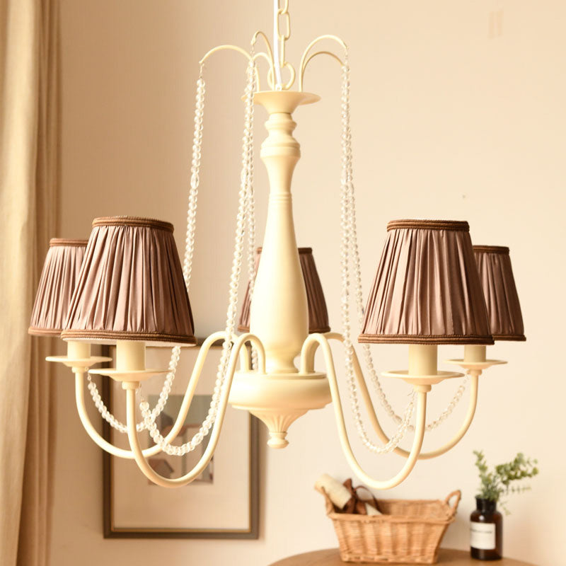 5 Bulbs Crystal Chandelier Pleated Shade Brown/White Living Room Pendant Lighting Fixture Brown Clearhalo 'Ceiling Lights' 'Chandeliers' Lighting' options 302989_0b3a46c7-695b-4152-989f-c3fa4dbe2701