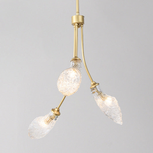 Gold 3 Heads LED Chandelier Lighting Traditionalism Clear Glass Curved Pendant Ceiling Light for Restaurant Clearhalo 'Ceiling Lights' 'Chandeliers' Lighting' options 302995