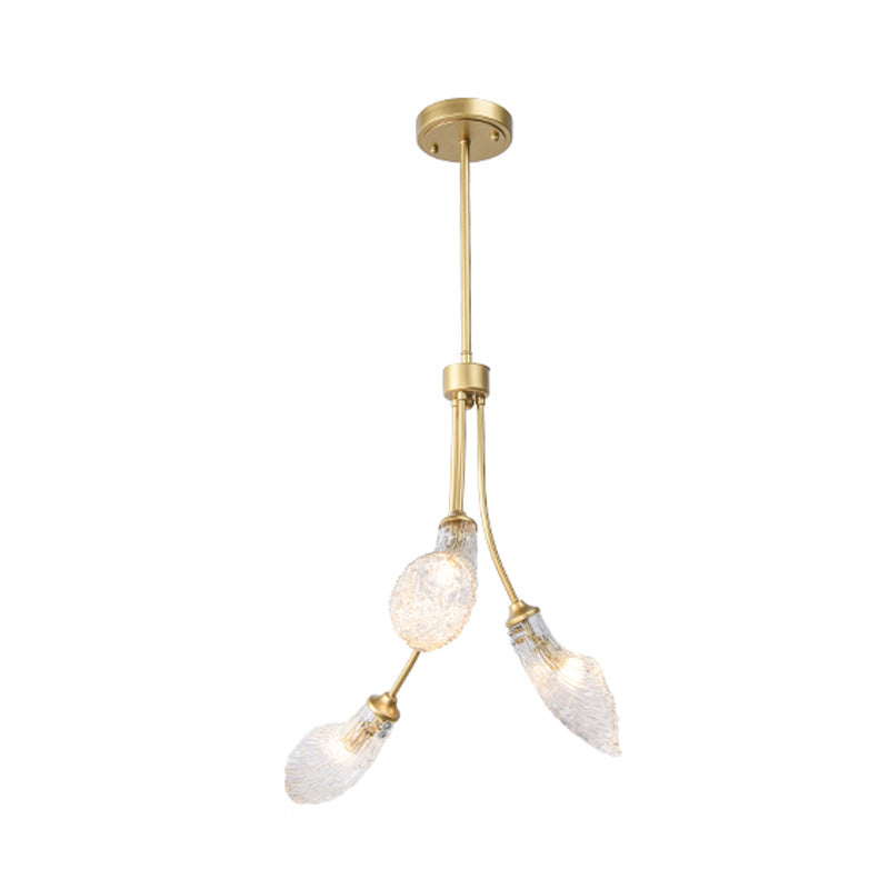 Gold 3 Heads LED Chandelier Lighting Traditionalism Clear Glass Curved Pendant Ceiling Light for Restaurant Clearhalo 'Ceiling Lights' 'Chandeliers' Lighting' options 302996