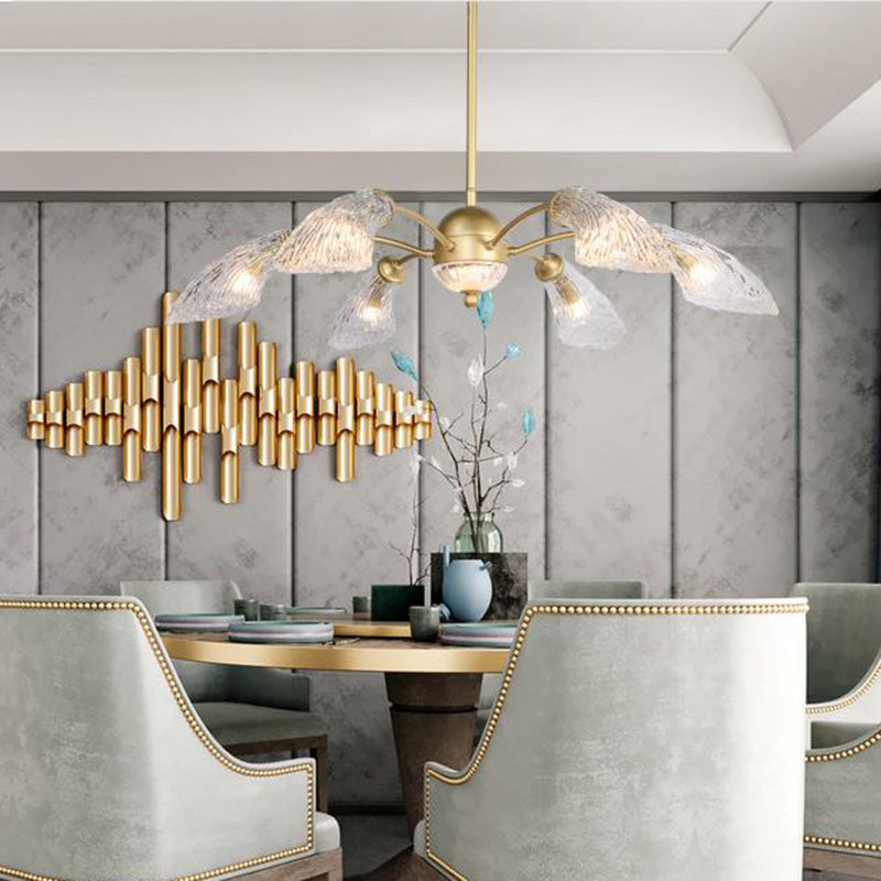 Clear Glass Curved Chandelier Light Fixture Retro 6 Lights Dining Room Ceiling Pendant in Gold Clearhalo 'Ceiling Lights' 'Chandeliers' Lighting' options 302997